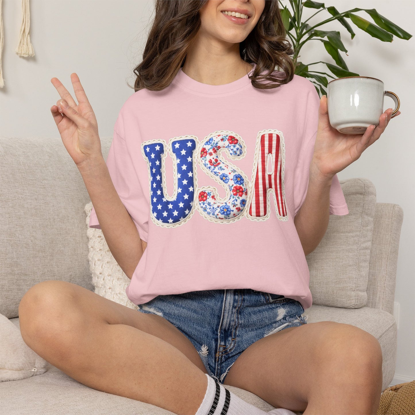 Floral Patchwork USA Shirt • Preppy Patriotic Tee • Vintage Americana Gingham Shirt • 4th of July Mom Outfit