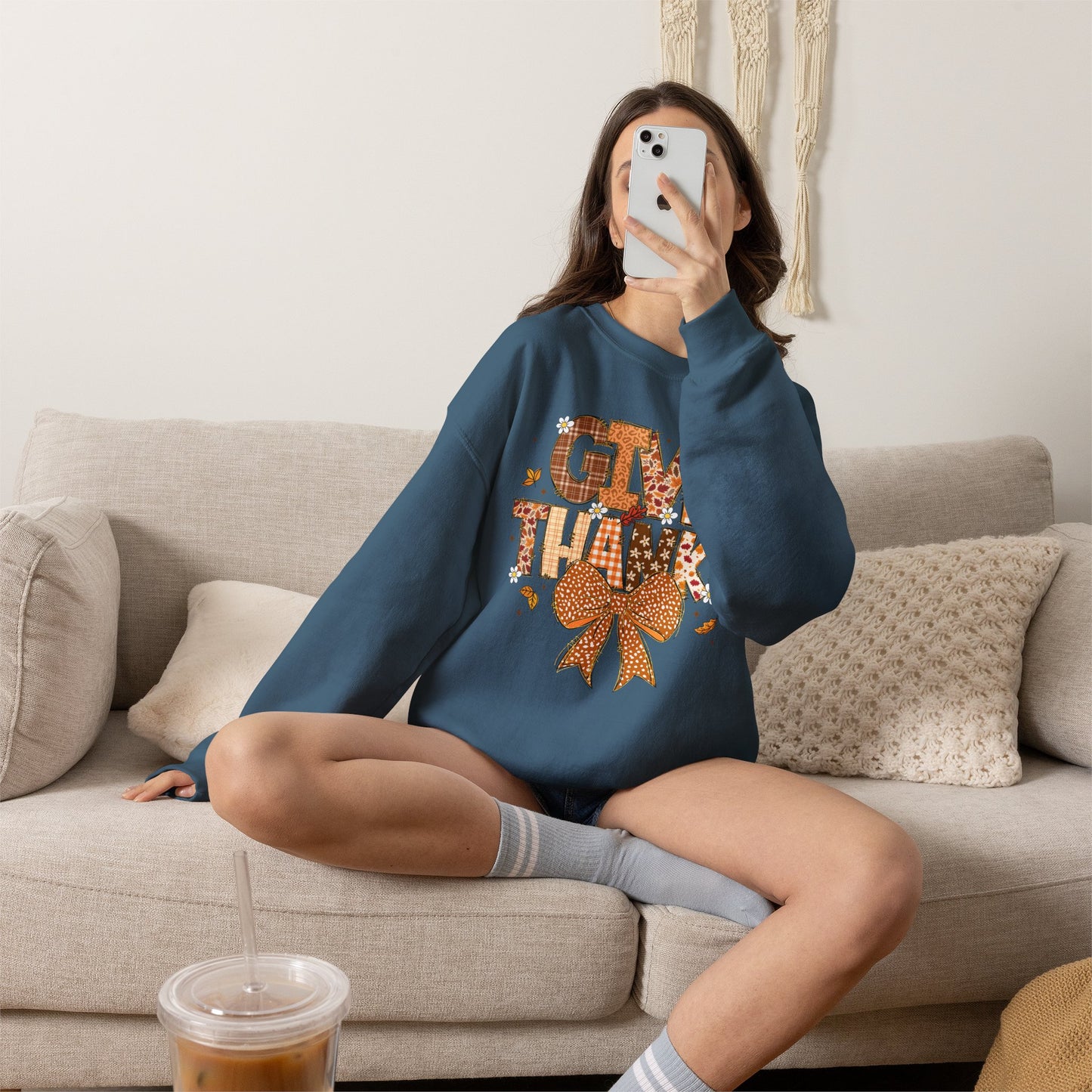 Give Thanks Crewneck Sweatshirt — Autumn Plaid Thanksgiving Pullover