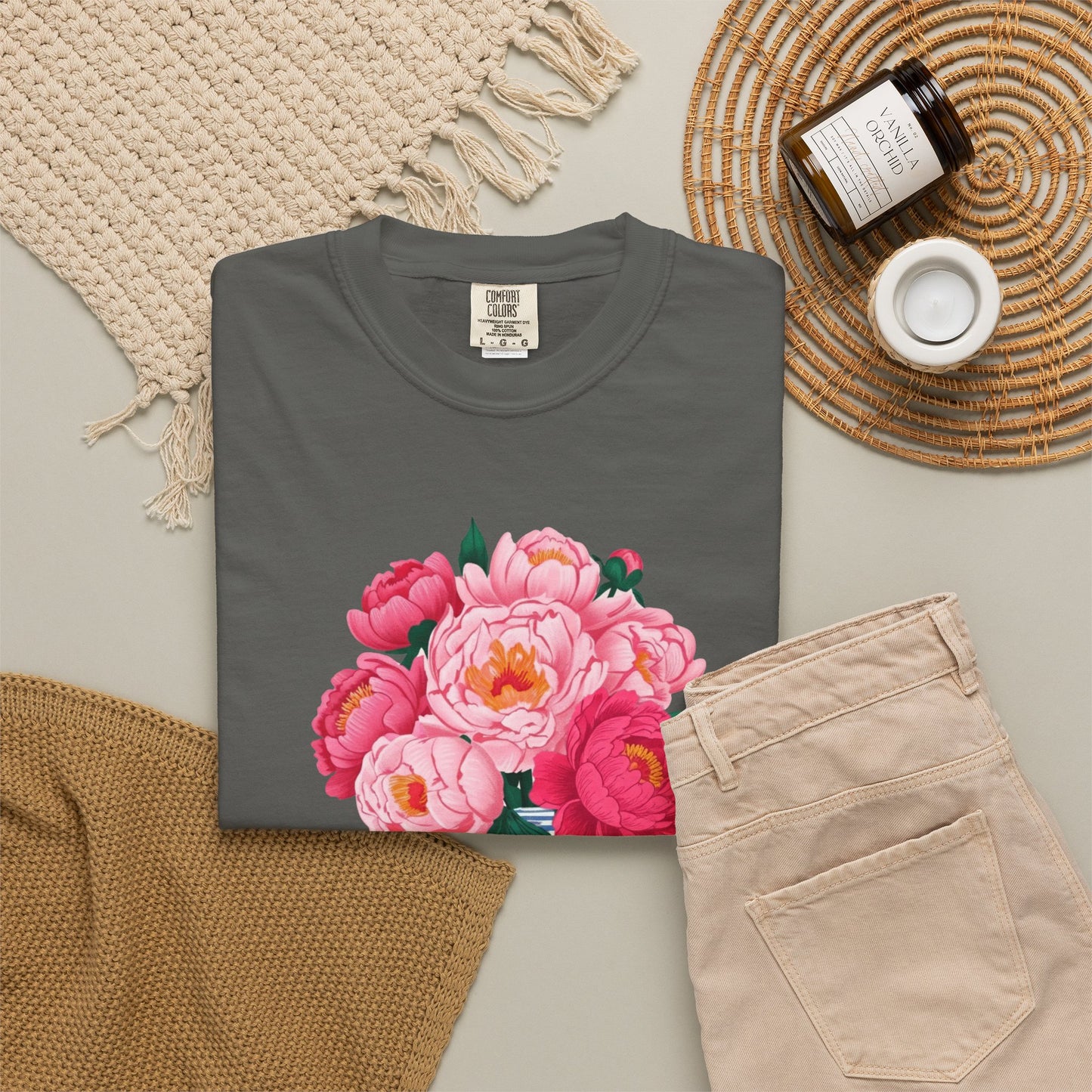 Peony Bouquet T-Shirt — Pink Peony in Vintage White & Blue Floral Vase