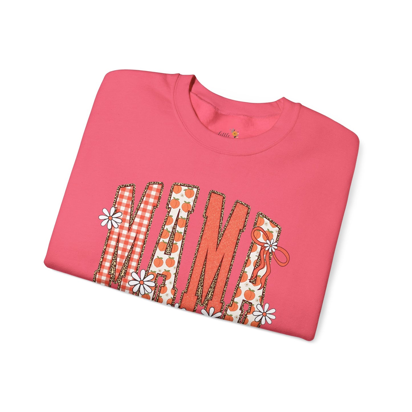 Daisy Peach MAMA Floral Sweatshirt • Spring Graphic Crew • Peach Gingham Mom pullover • Feminine Boutique Everyday Outfit