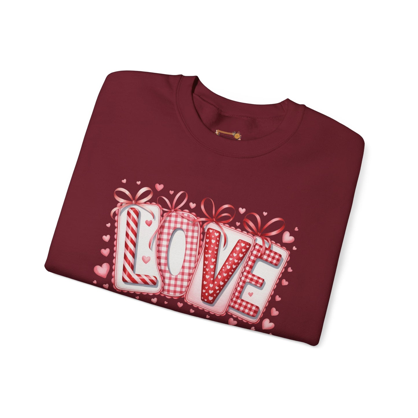 Valentine LOVE Sweatshirt with Coquette Bows and Patchwork Letters • Girly Romantic Aesthetic