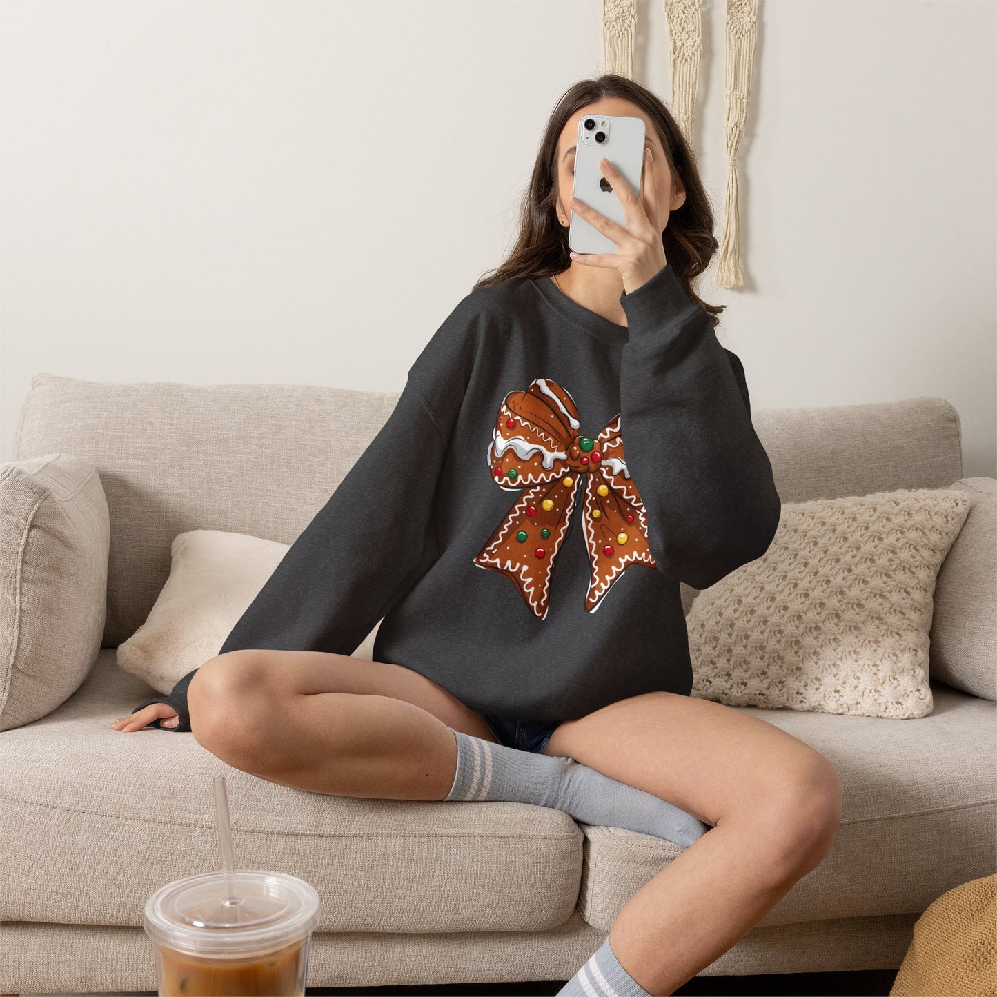 Gingerbread Bow Crewneck Sweatshirt — Holiday Christmas Cookie Graphic