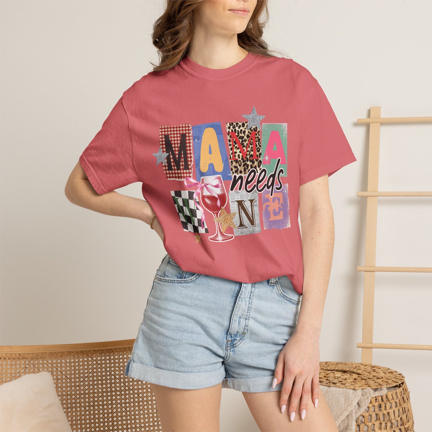 Mama Needs Wine Graphic Tee • Funny Mom Shirt Women • Trendy Patchwork Mixed Print Leopard Gingham Tee • Mom Life Shirt