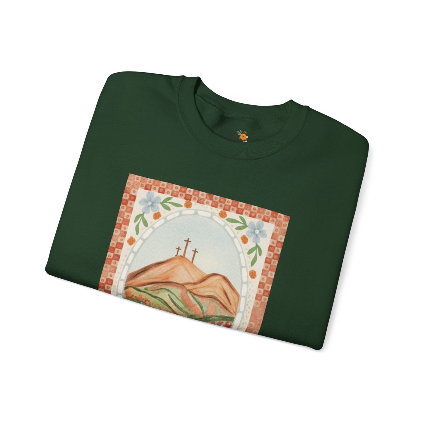 Easter Landscape Faith Sweatshirt (Front Only) • Christian Mountain Cross Crewneck • Floral Resurrection Scene Graphic