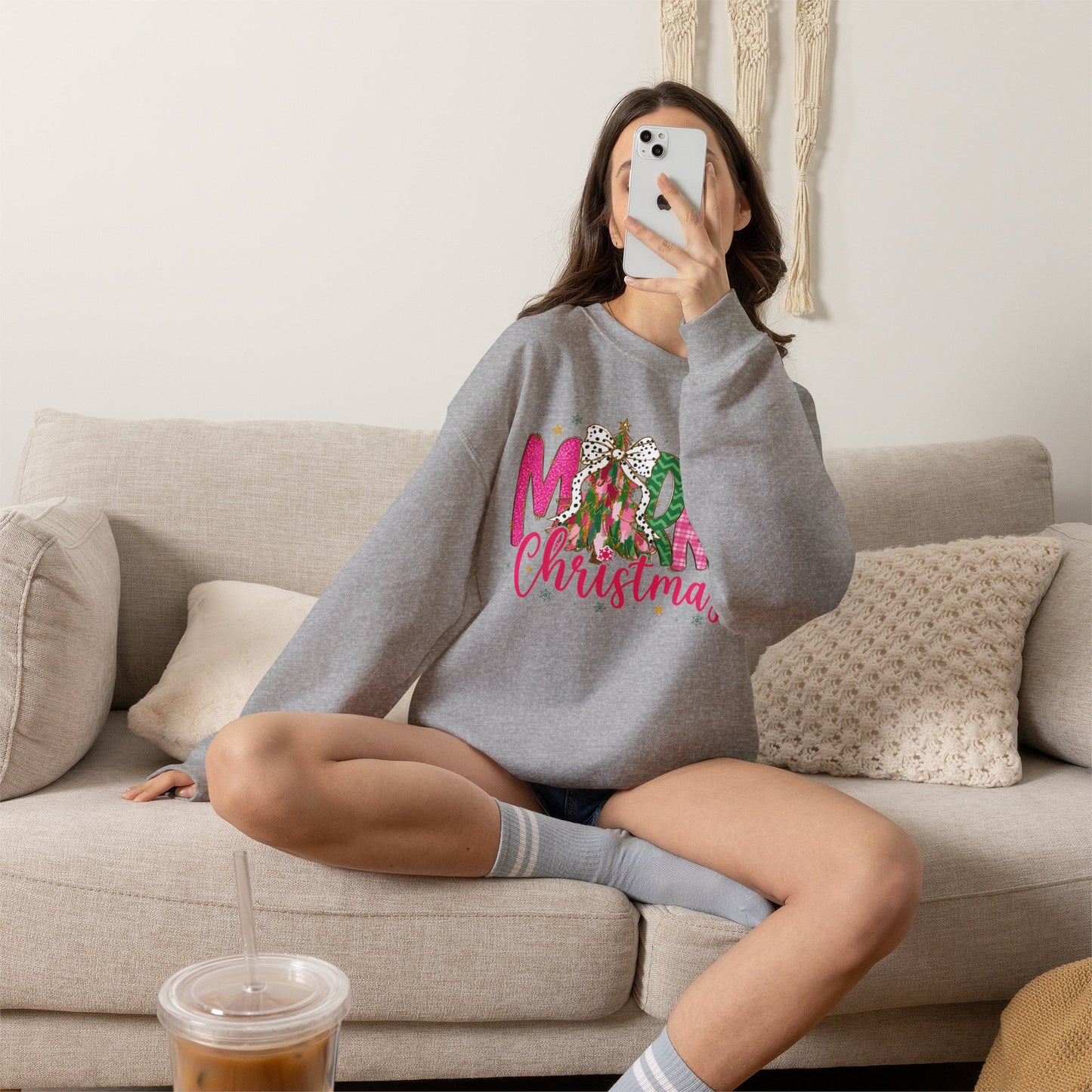 Christmas Crewneck Sweatshirt — 'Merry Christmas' Pink & Green Tree Design