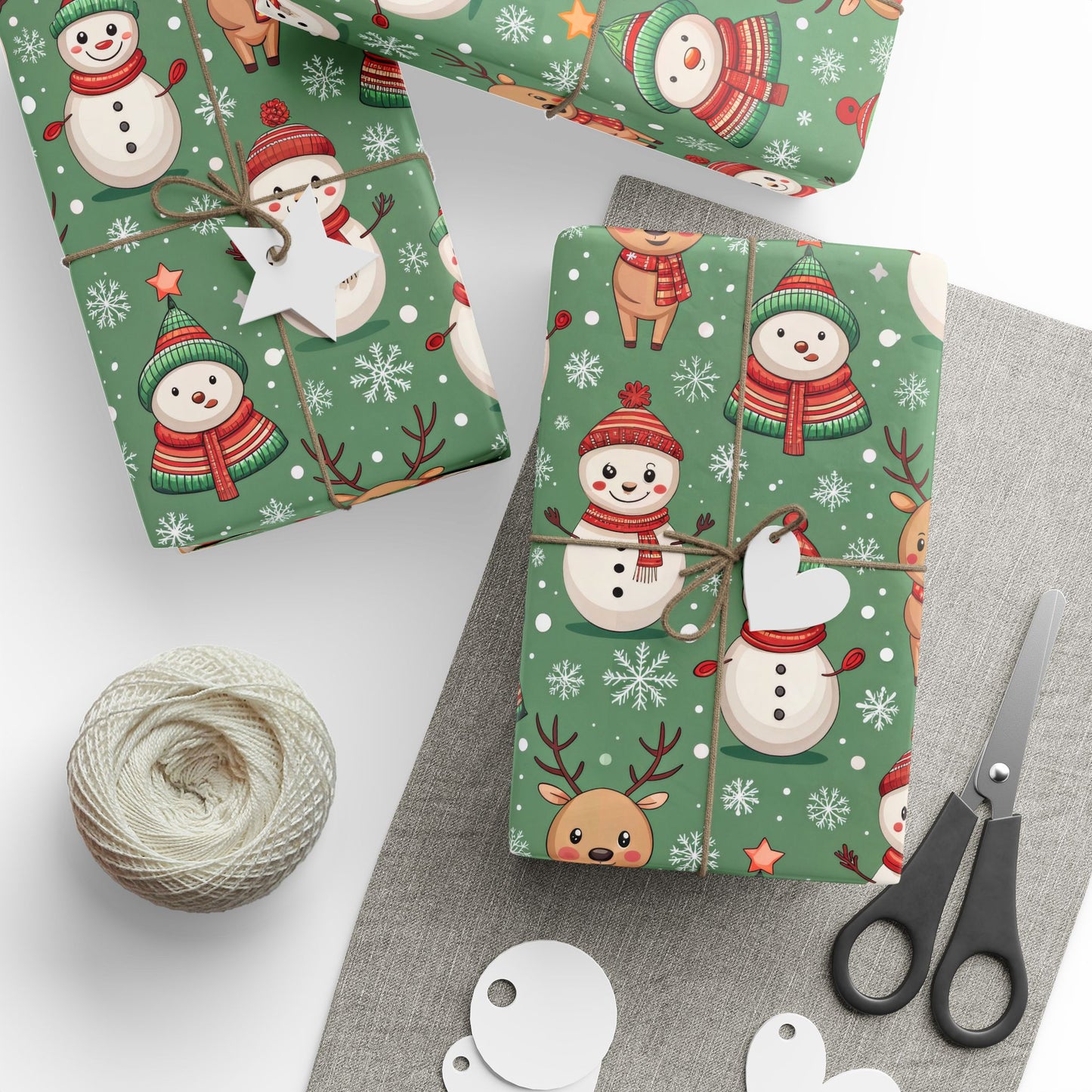 Snowman & Reindeer Christmas Wrapping Paper & Blanket | Cozy Green Winter Pattern | Cute Holiday Gift Wrap | Whimsical Christmas Decor