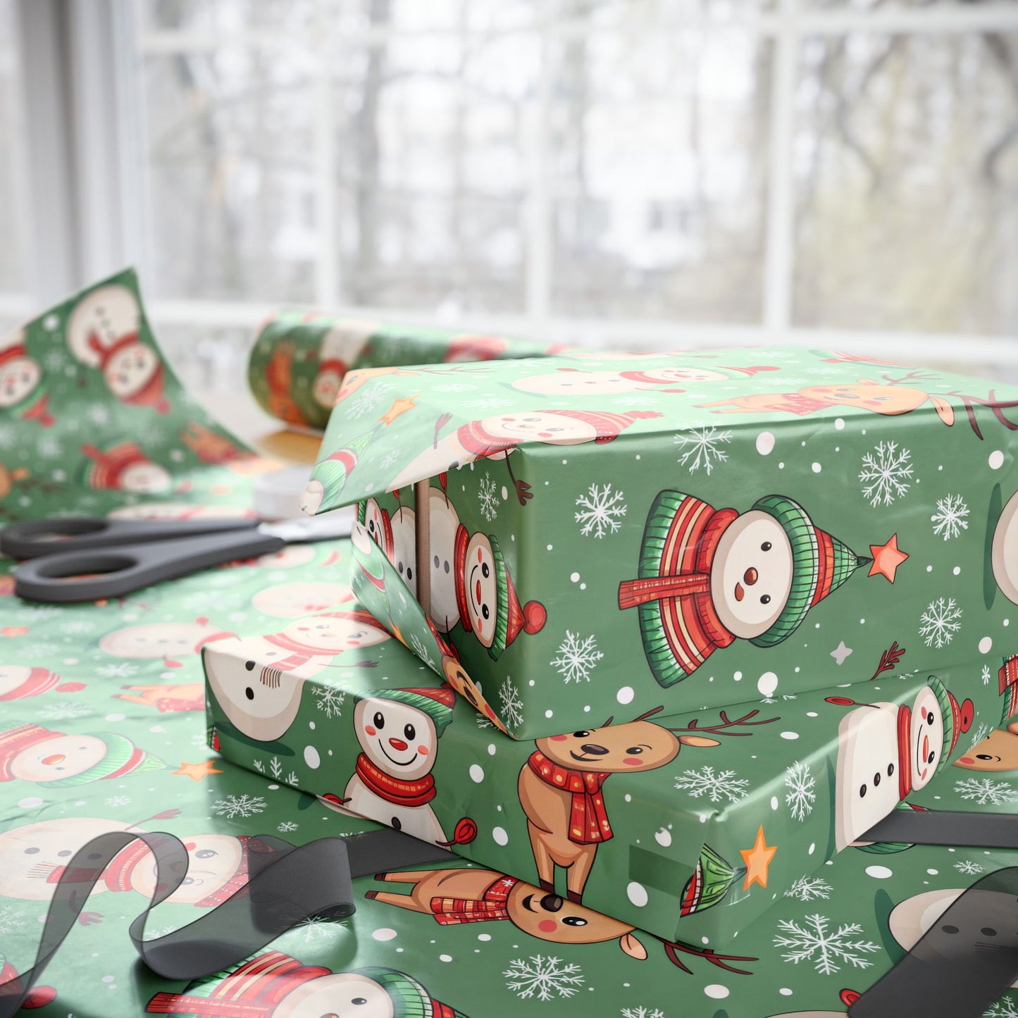 Snowman & Reindeer Christmas Wrapping Paper & Blanket | Cozy Green Winter Pattern | Cute Holiday Gift Wrap | Whimsical Christmas Decor