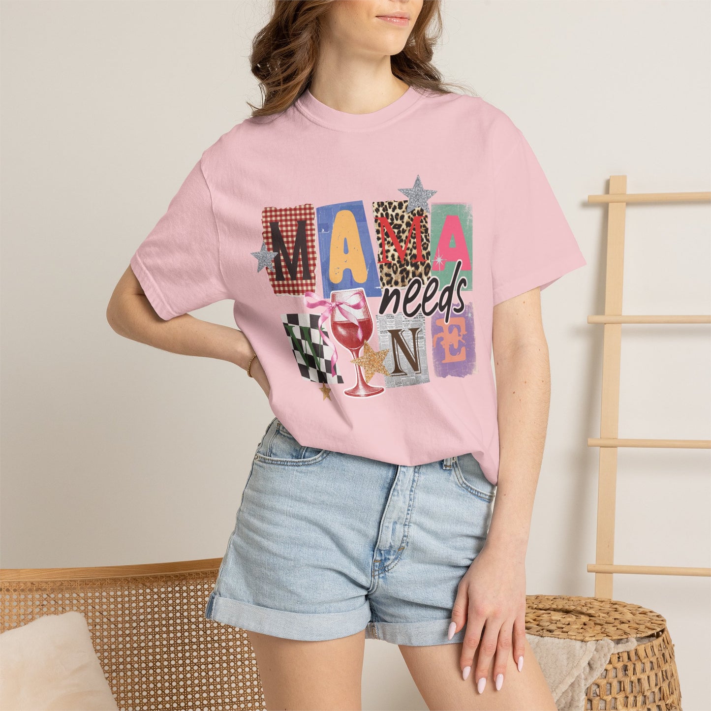 Mama Needs Wine Graphic Tee • Funny Mom Shirt Women • Trendy Patchwork Mixed Print Leopard Gingham Tee • Mom Life Shirt