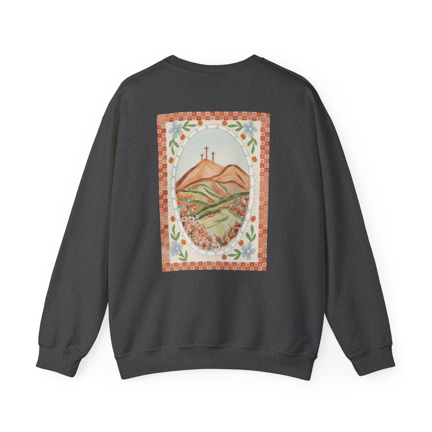 Easter Landscape Faith Sweatshirt (Front & Back) • Christian Mountain Cross Crewneck • Floral Resurrection Scene Graphic
