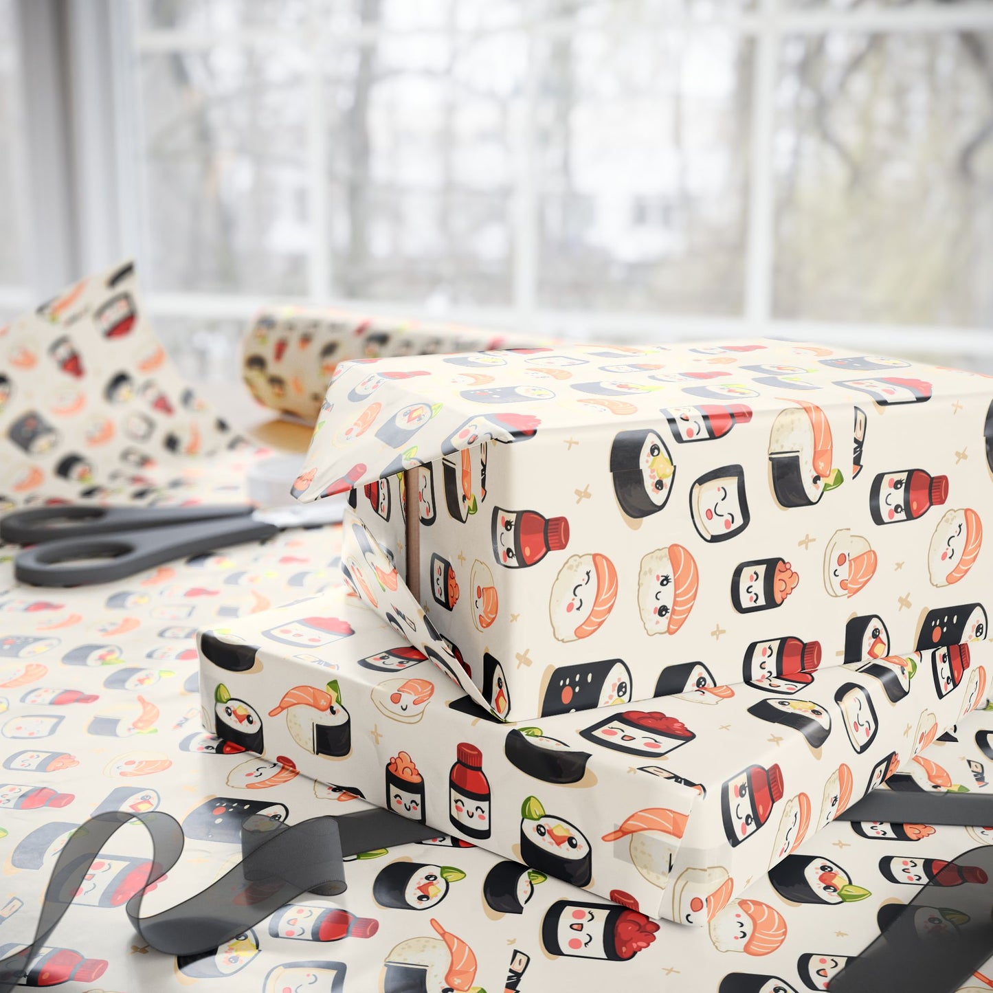 Kawaii Sushi Wrapping Paper | Cute Japanese Food Pattern | Happy Sushi Roll Gift Wrap | Fun Cozy Blanket for Food Lovers