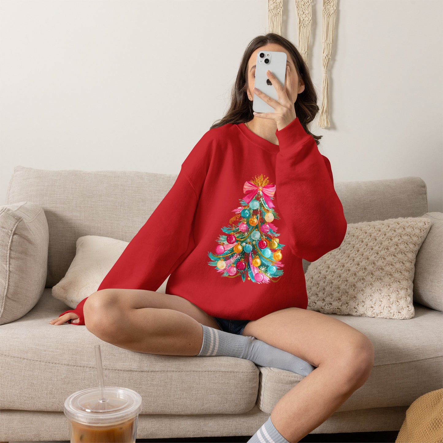 Preppy Pastel Christmas OrnamentTree Crewneck Sweatshirt — Pastel Ornament Holiday Sweatshirt