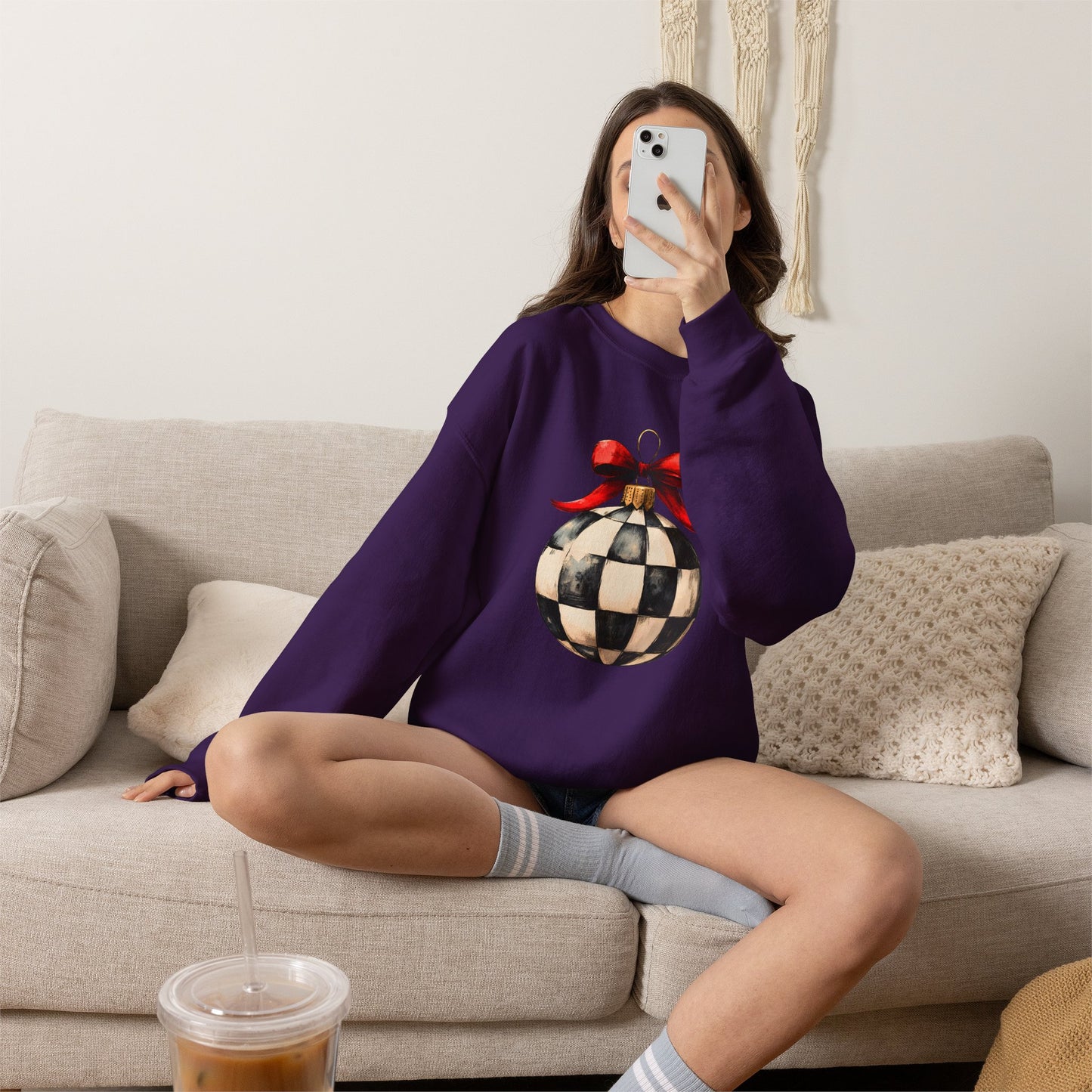 Checkerboard Ornament Crewneck Sweatshirt — Vintage Black & White Holiday Pullover