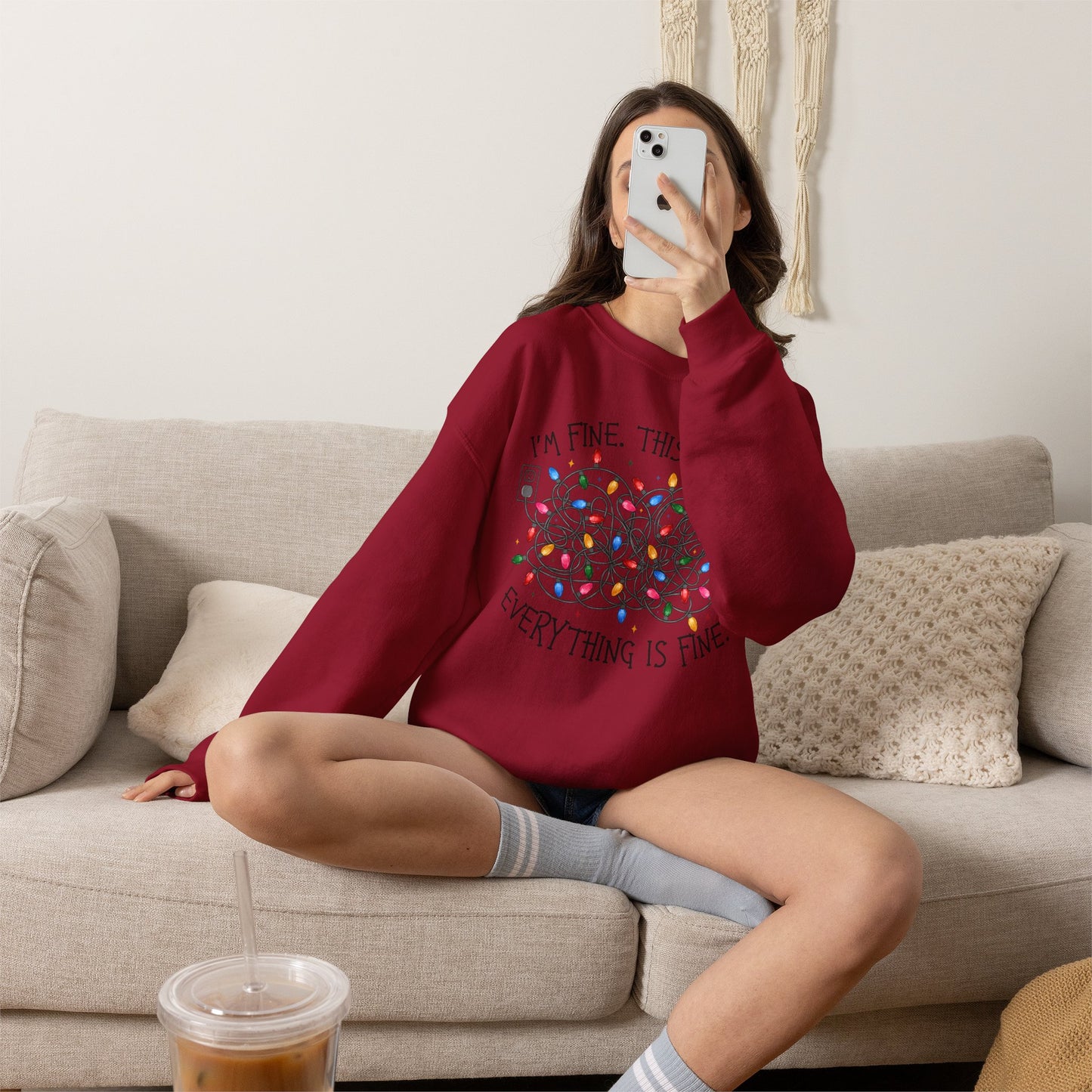 Crewneck Sweatshirt — "I'm Fine. This is Fine. Everything is Fine." Holiday Lights Design