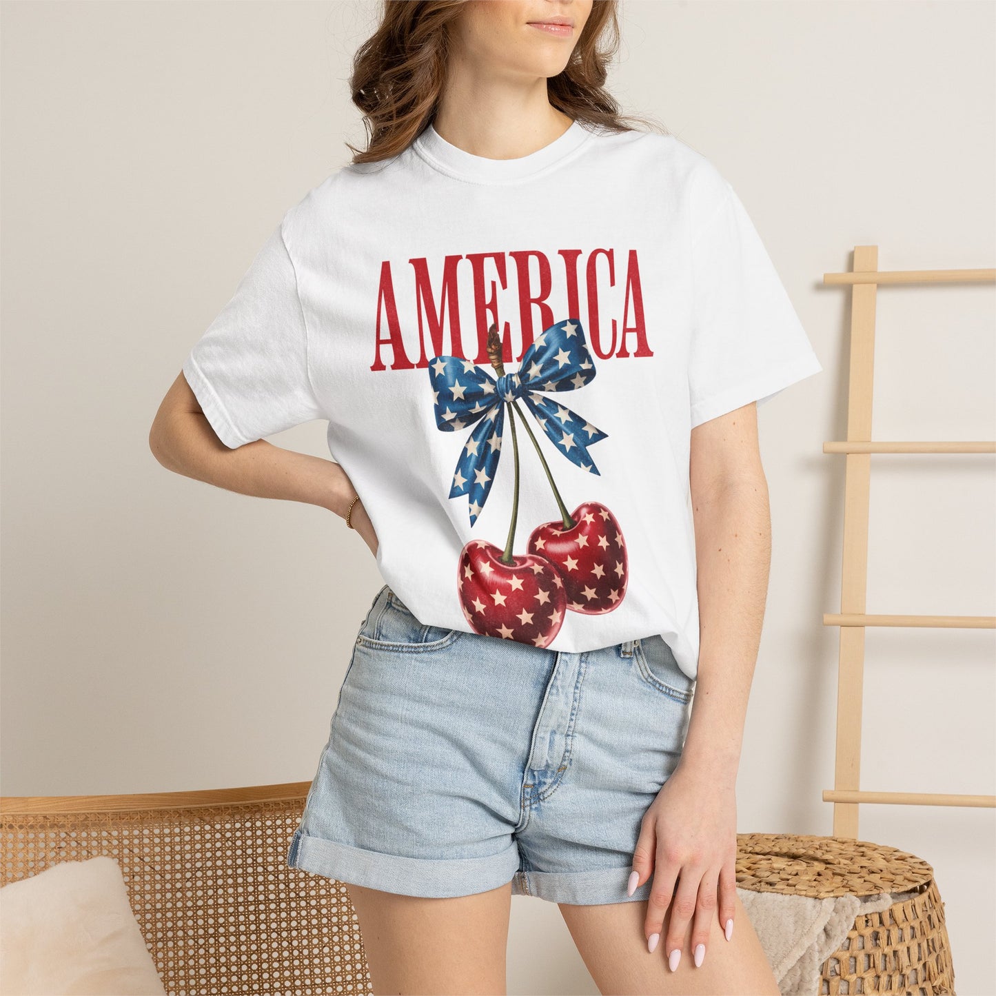 America Cherry Bow T-Shirt • 4th of July Coquette Tee • Red White Blue Graphic Shirt
