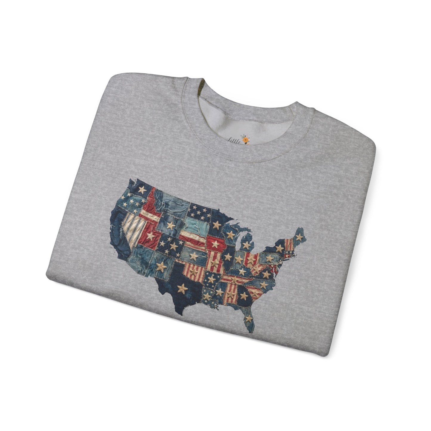 Patchwork American Flag Sweatshirt • USA Denim Map Crewneck • Patriotic Vintage Stars Graphic