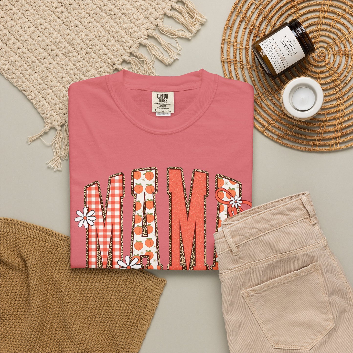 Daisy Peach MAMA Floral Shirt • Spring Graphic Tee • Peach Gingham Mom Shirt • Feminine Boutique Everyday Outfit