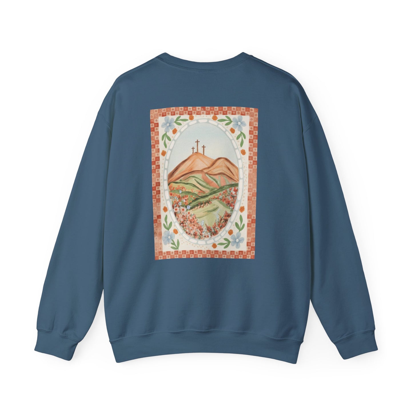 Easter Landscape Faith Sweatshirt (Front & Back) • Christian Mountain Cross Crewneck • Floral Resurrection Scene Graphic