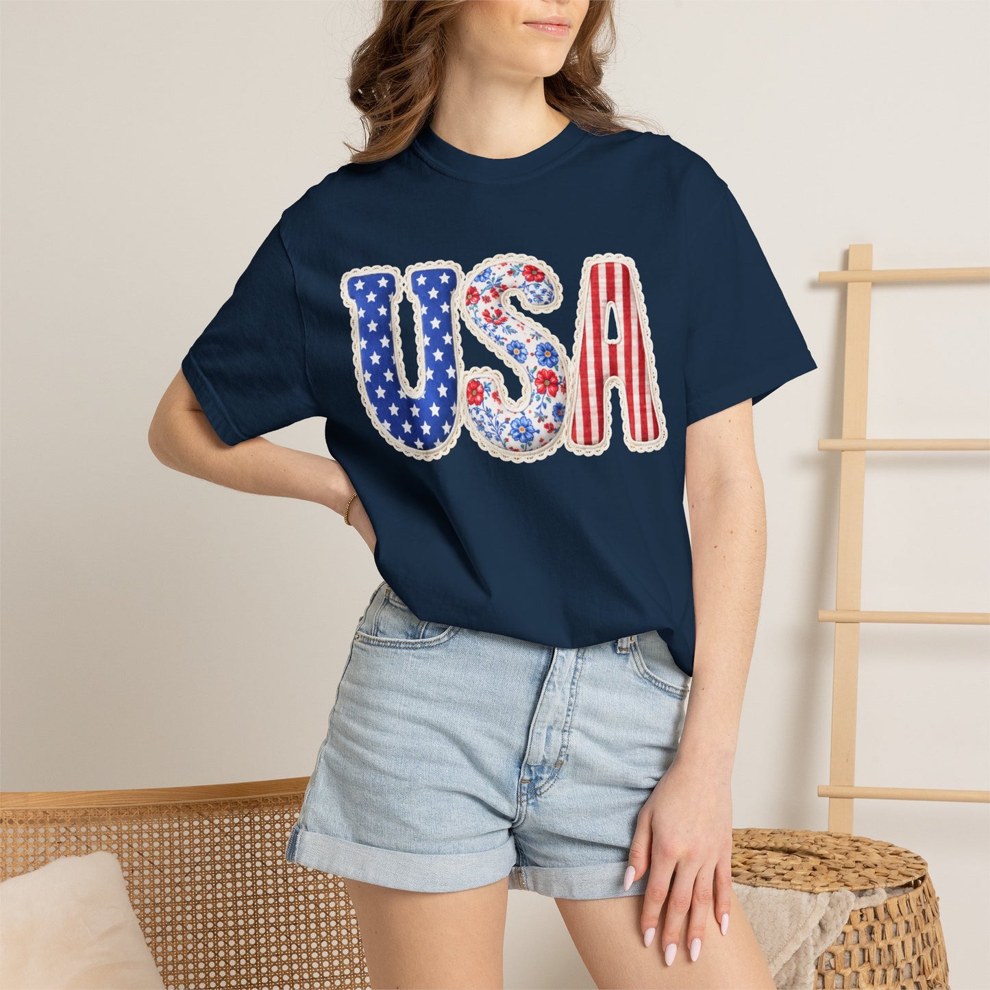 Floral Patchwork USA Shirt • Preppy Patriotic Tee • Vintage Americana Gingham Shirt • 4th of July Mom Outfit