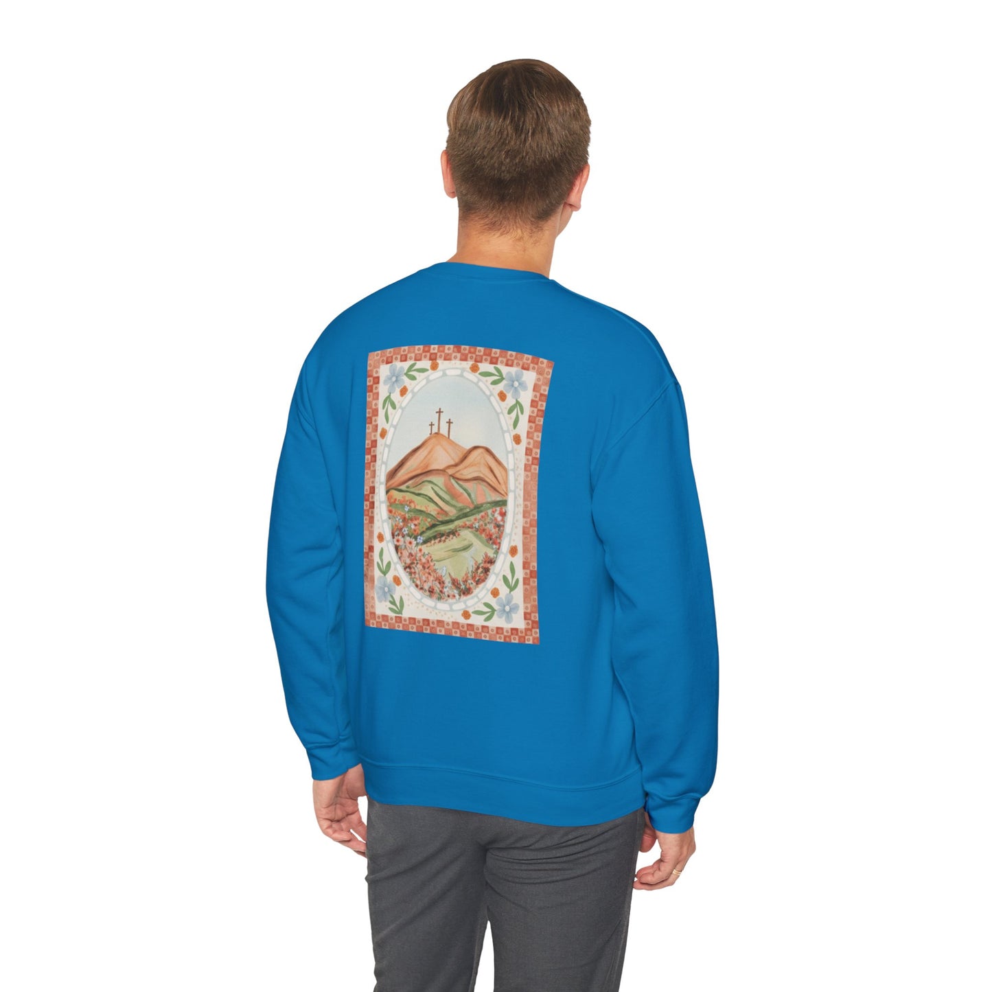 Easter Landscape Faith Sweatshirt (Front & Back) • Christian Mountain Cross Crewneck • Floral Resurrection Scene Graphic