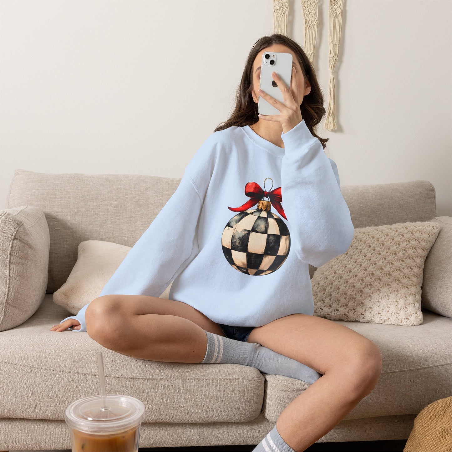 Checkerboard Ornament Crewneck Sweatshirt — Vintage Black & White Holiday Pullover