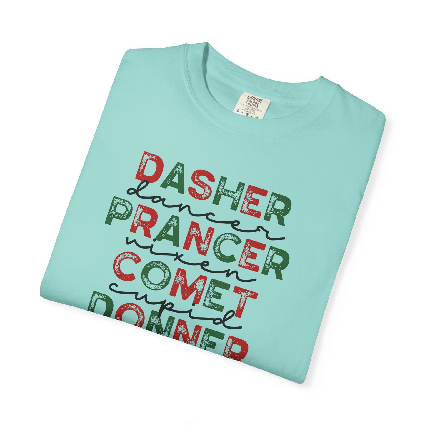 Reindeer Names Christmas T-Shirt — Dasher, Dancer, Prancer, Vixen, Comet, Cupid, Donner, Rudolph