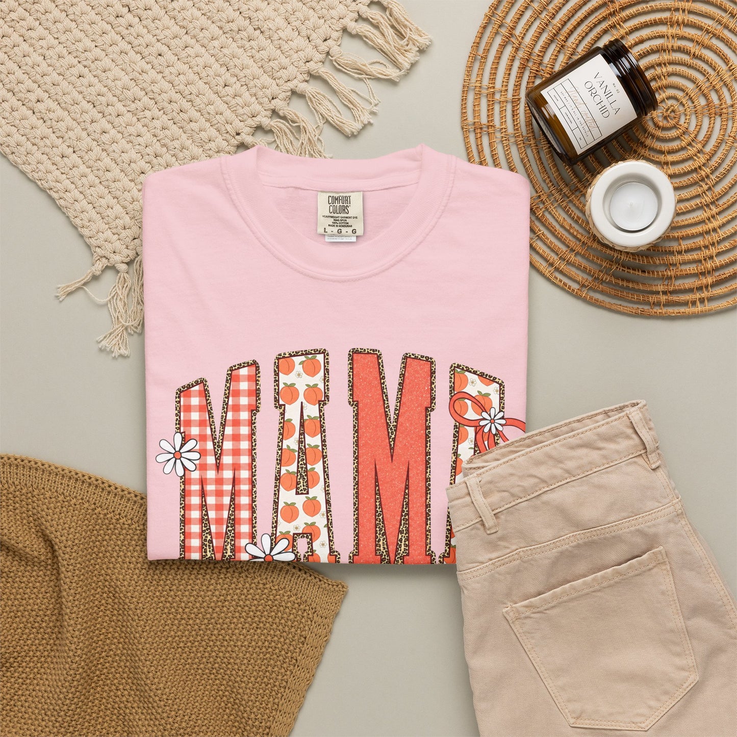 Daisy Peach MAMA Floral Shirt • Spring Graphic Tee • Peach Gingham Mom Shirt • Feminine Boutique Everyday Outfit