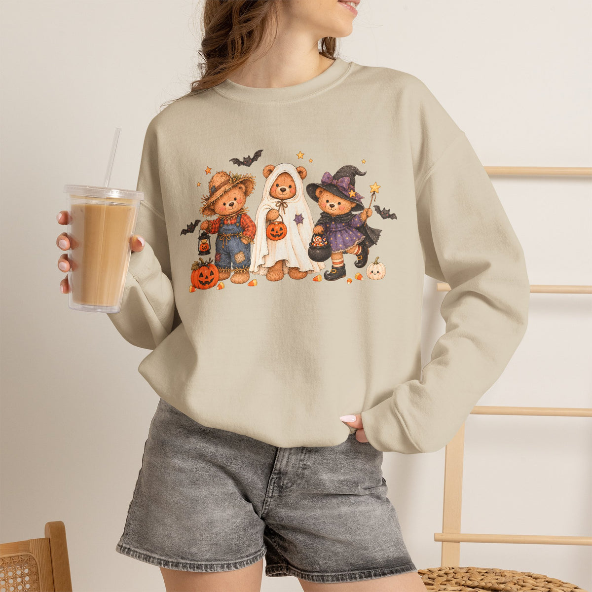 Halloween Teddy Bear Sweatshirt, Cute Trick or Treat Crewneck, Witch Ghost Scarecrow Bears, Spooky Season Fall Sweatshirt