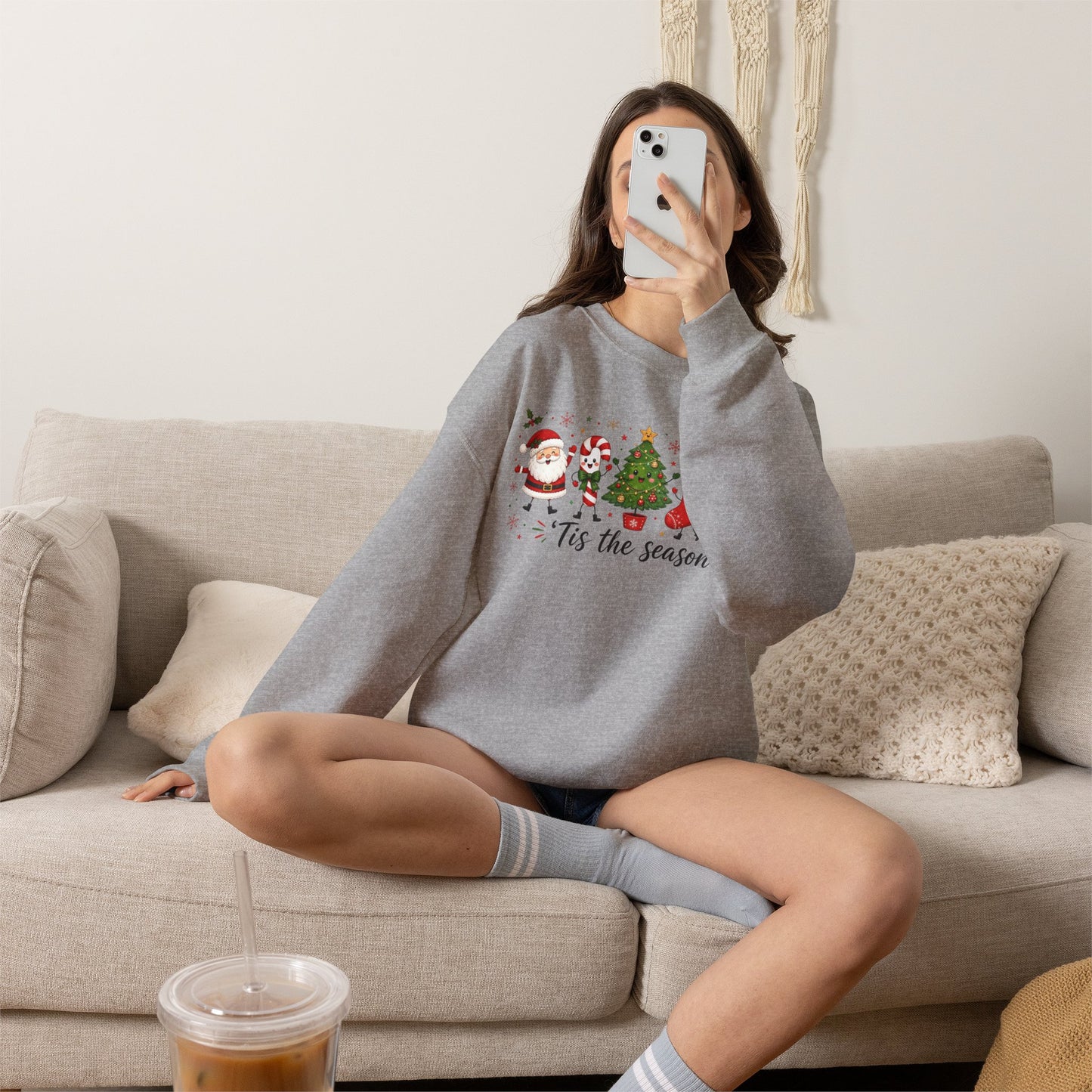 Christmas Crewneck Sweatshirt - 'Tis the Season' Holiday Sweatshirt with Santa & Tree Design