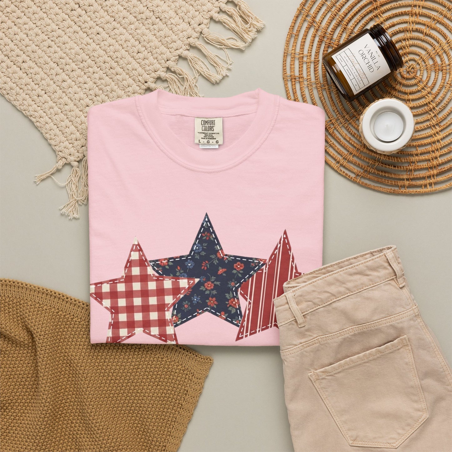 4th of July Patchwork Star T-Shirt for Summer nights • Floral Gingham Red White Blue USA Tee • Patriotic Outfit