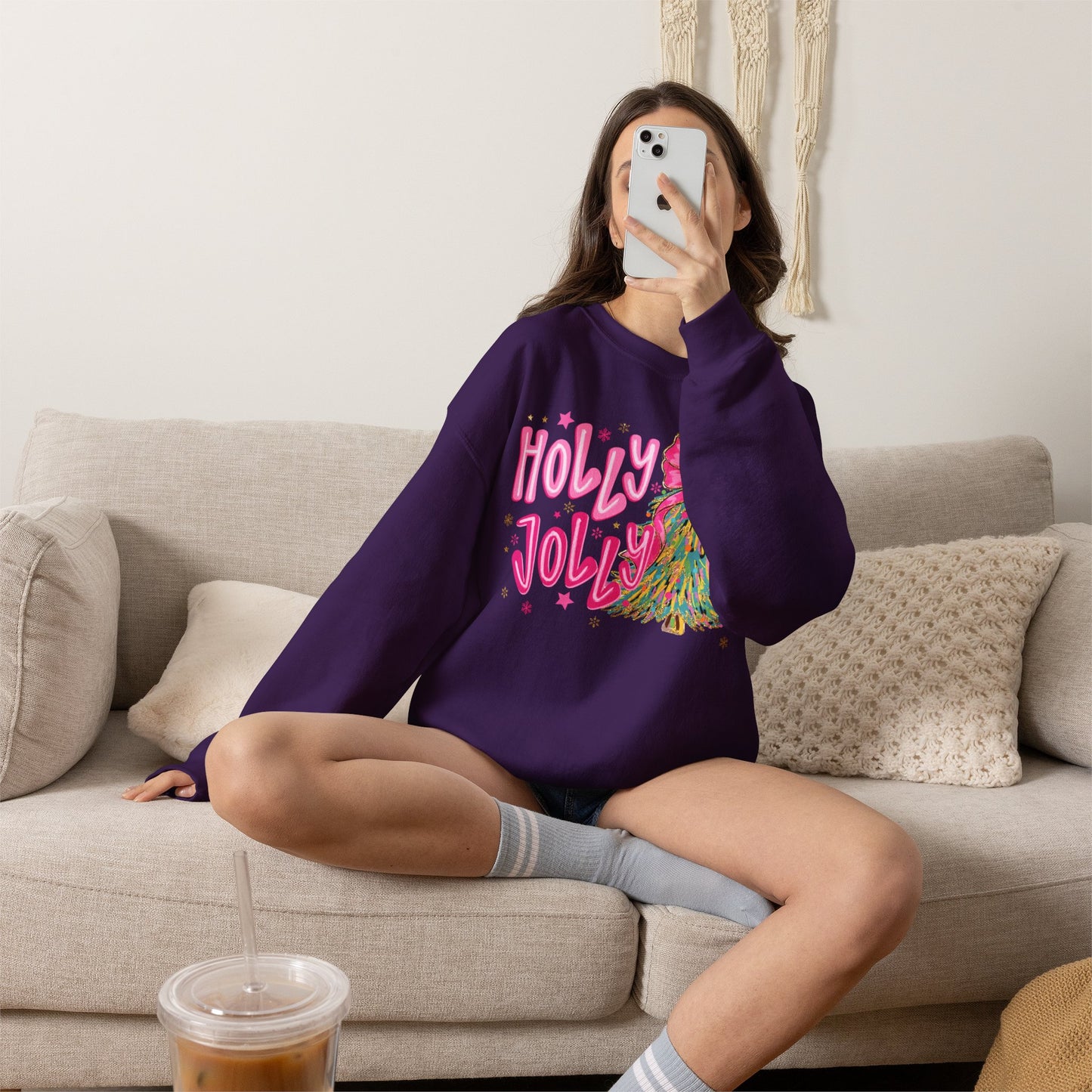 Holly Jolly Pink Christmas Tree Crewneck Sweatshirt