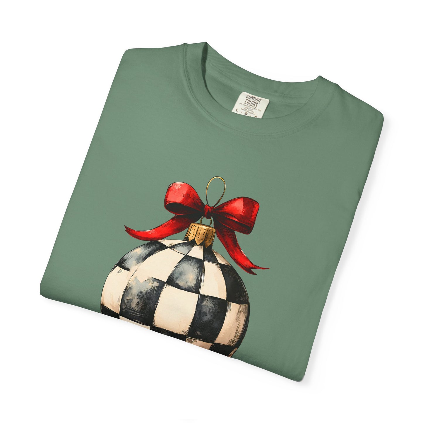 Checkerboard Ornament T-Shirt — Holiday Ball with Red Bow