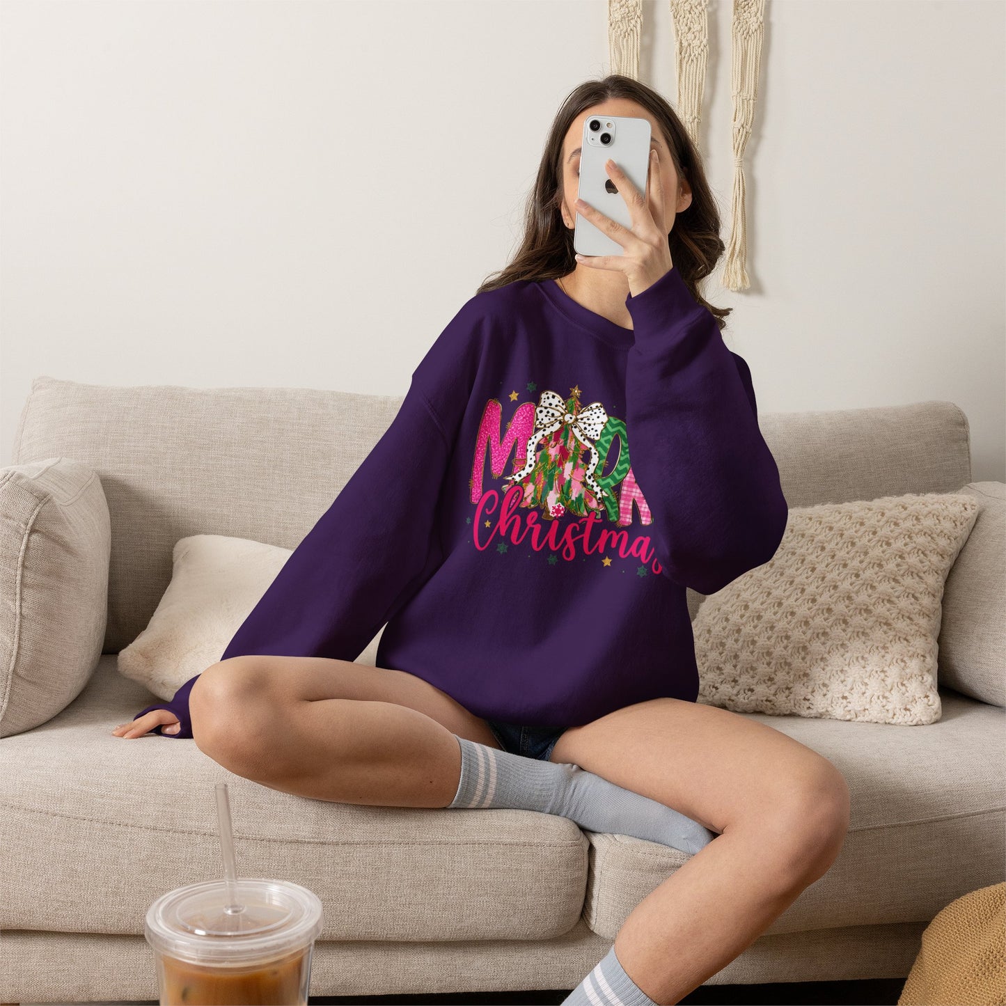 Christmas Crewneck Sweatshirt — 'Merry Christmas' Pink & Green Tree Design