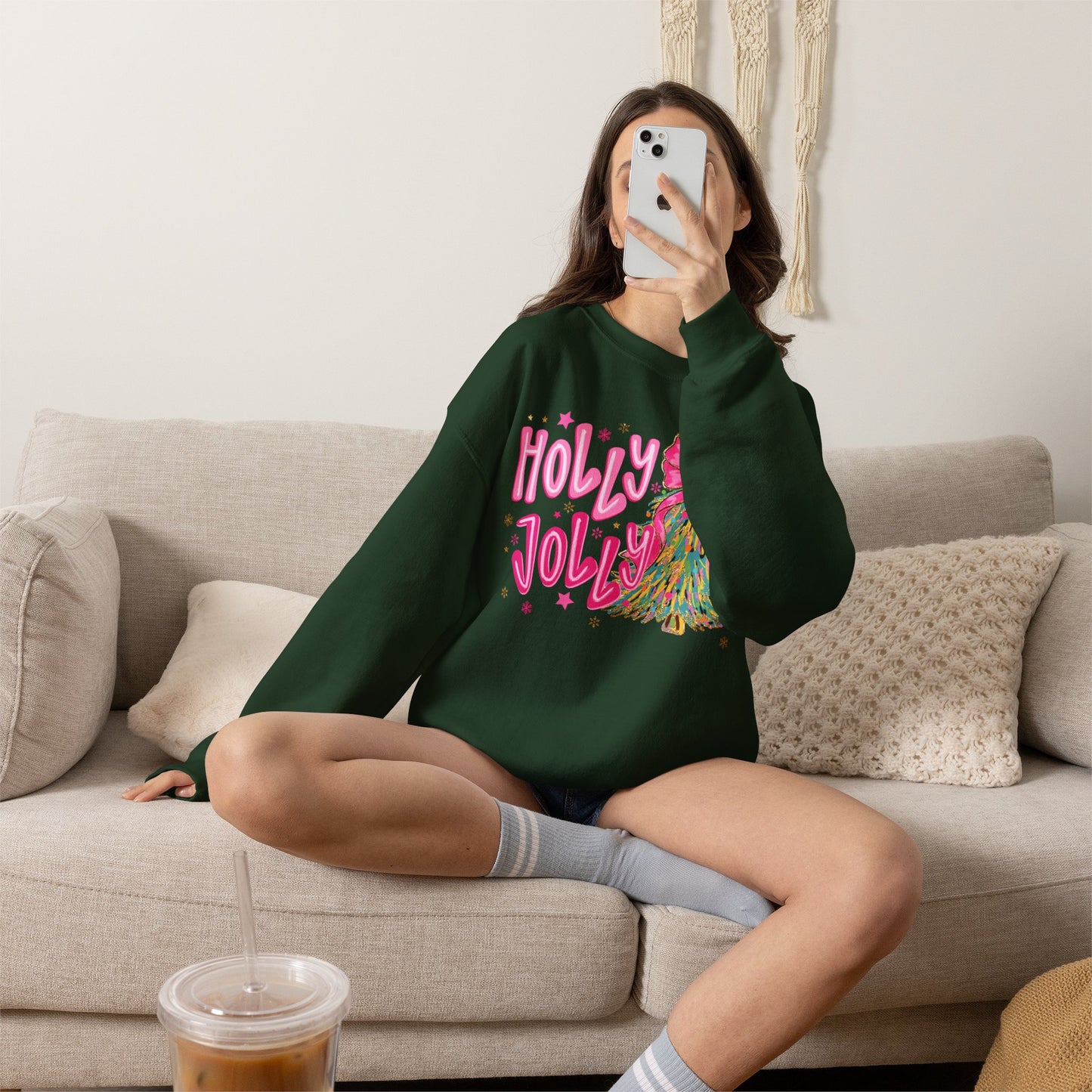 Holly Jolly Pink Christmas Tree Crewneck Sweatshirt