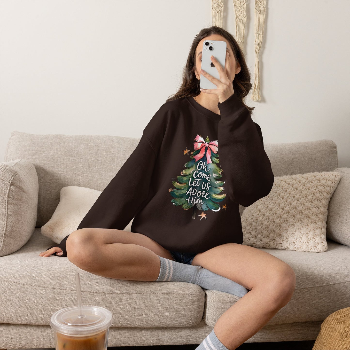 Christmas Tree Sweatshirt — "Oh Come Let Us Adore Him" Holiday Crewneck