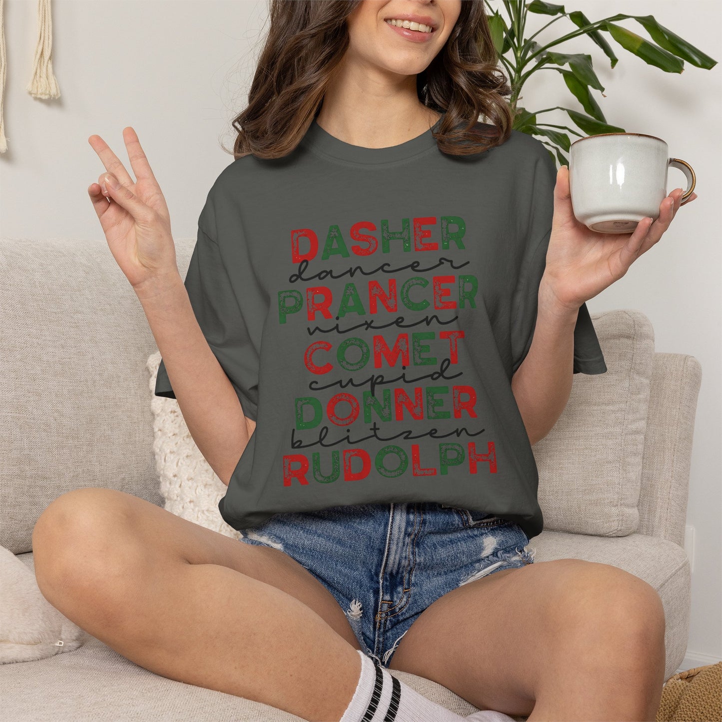 Reindeer Names Christmas T-Shirt — Dasher, Dancer, Prancer, Vixen, Comet, Cupid, Donner, Rudolph