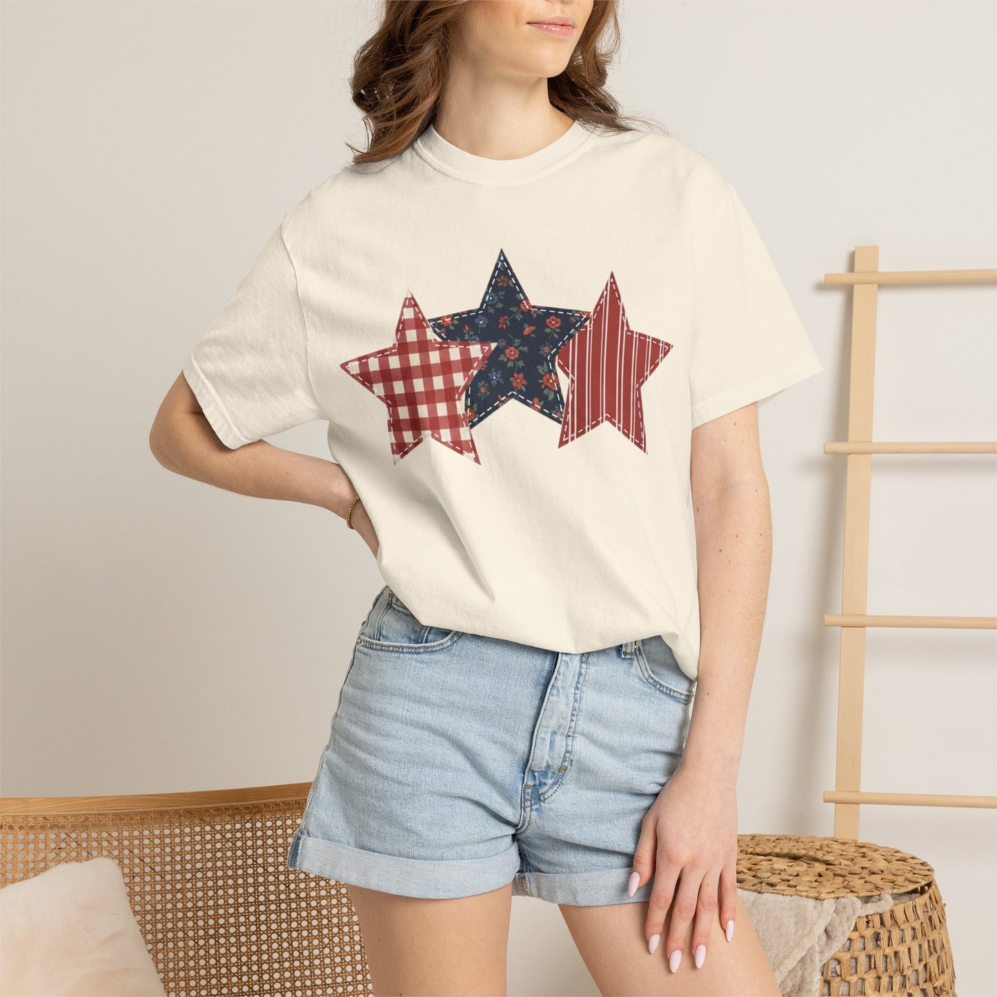 4th of July Patchwork Star T-Shirt for Summer nights • Floral Gingham Red White Blue USA Tee • Patriotic Outfit