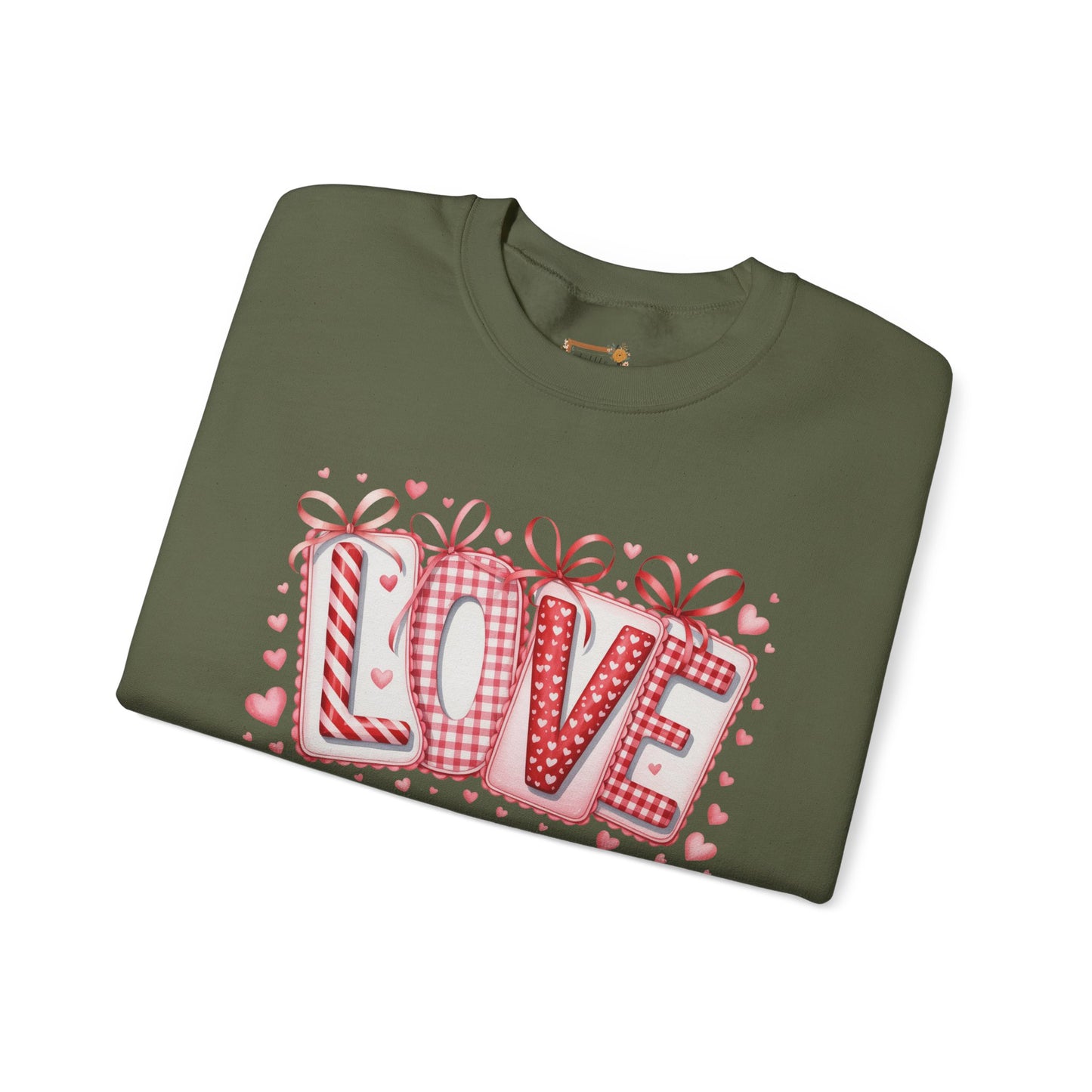 Valentine LOVE Sweatshirt with Coquette Bows and Patchwork Letters • Girly Romantic Aesthetic