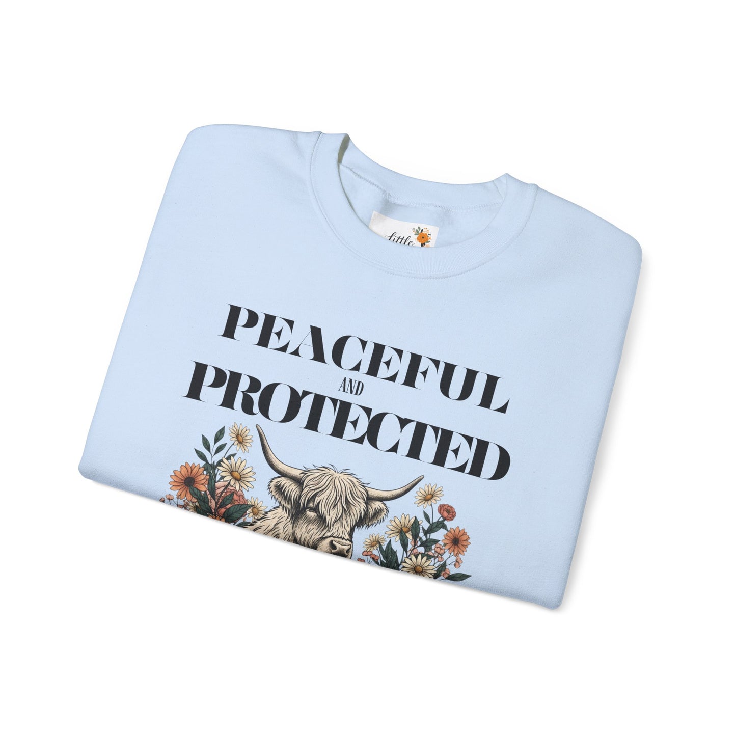 Peaceful and Protected Highland Cow Floral Sweatshirt • Psalm 4:8 Christian Crewneck • Western Cow Faith Graphic