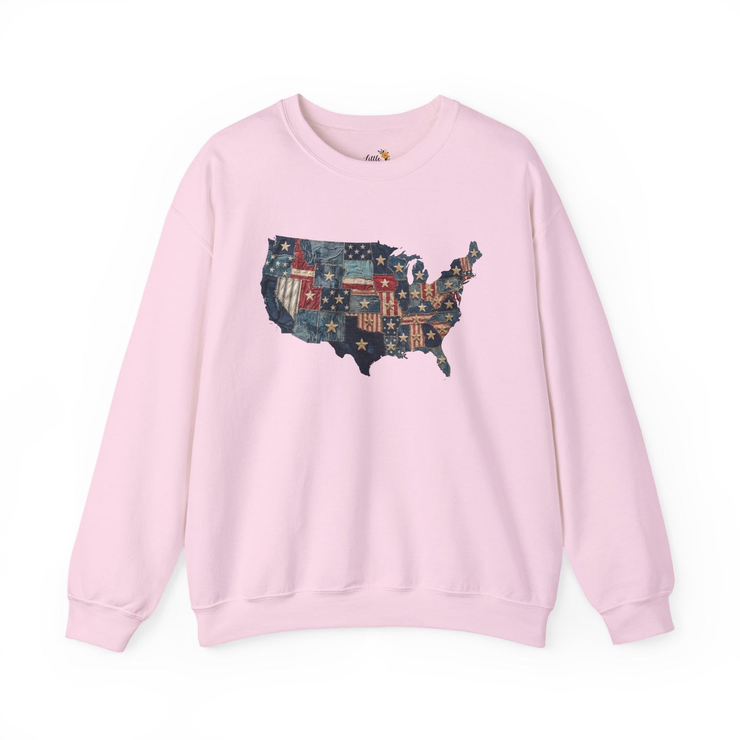 Patchwork American Flag Sweatshirt • USA Denim Map Crewneck • Patriotic Vintage Stars Graphic