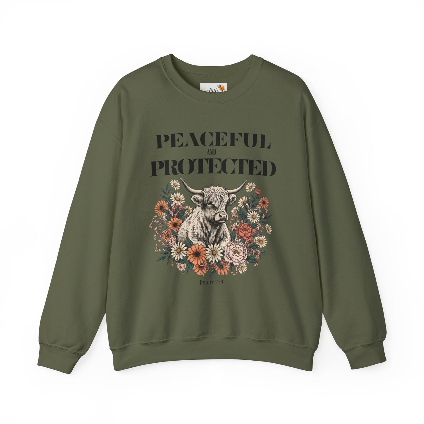 Peaceful and Protected Highland Cow Floral Sweatshirt • Psalm 4:8 Christian Crewneck • Western Cow Faith Graphic