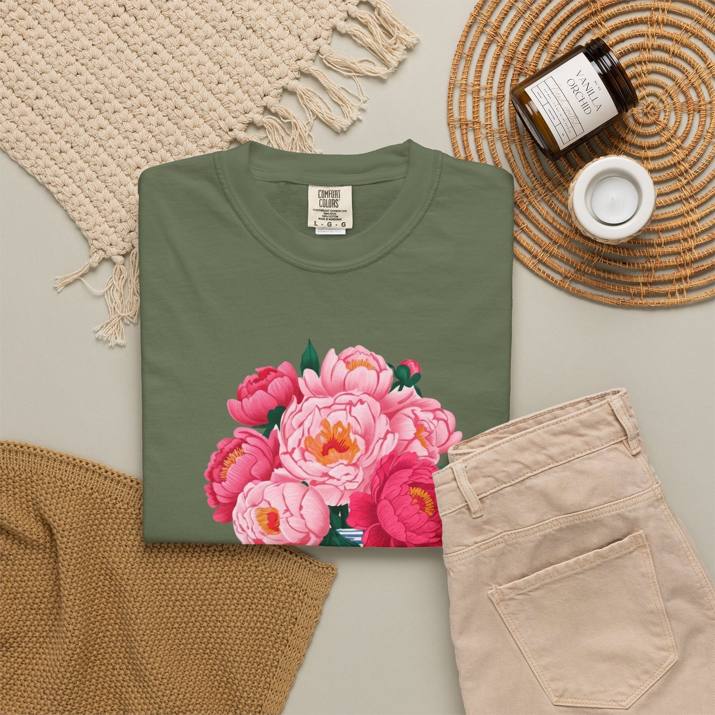 Peony Bouquet T-Shirt — Pink Peony in Vintage White & Blue Floral Vase