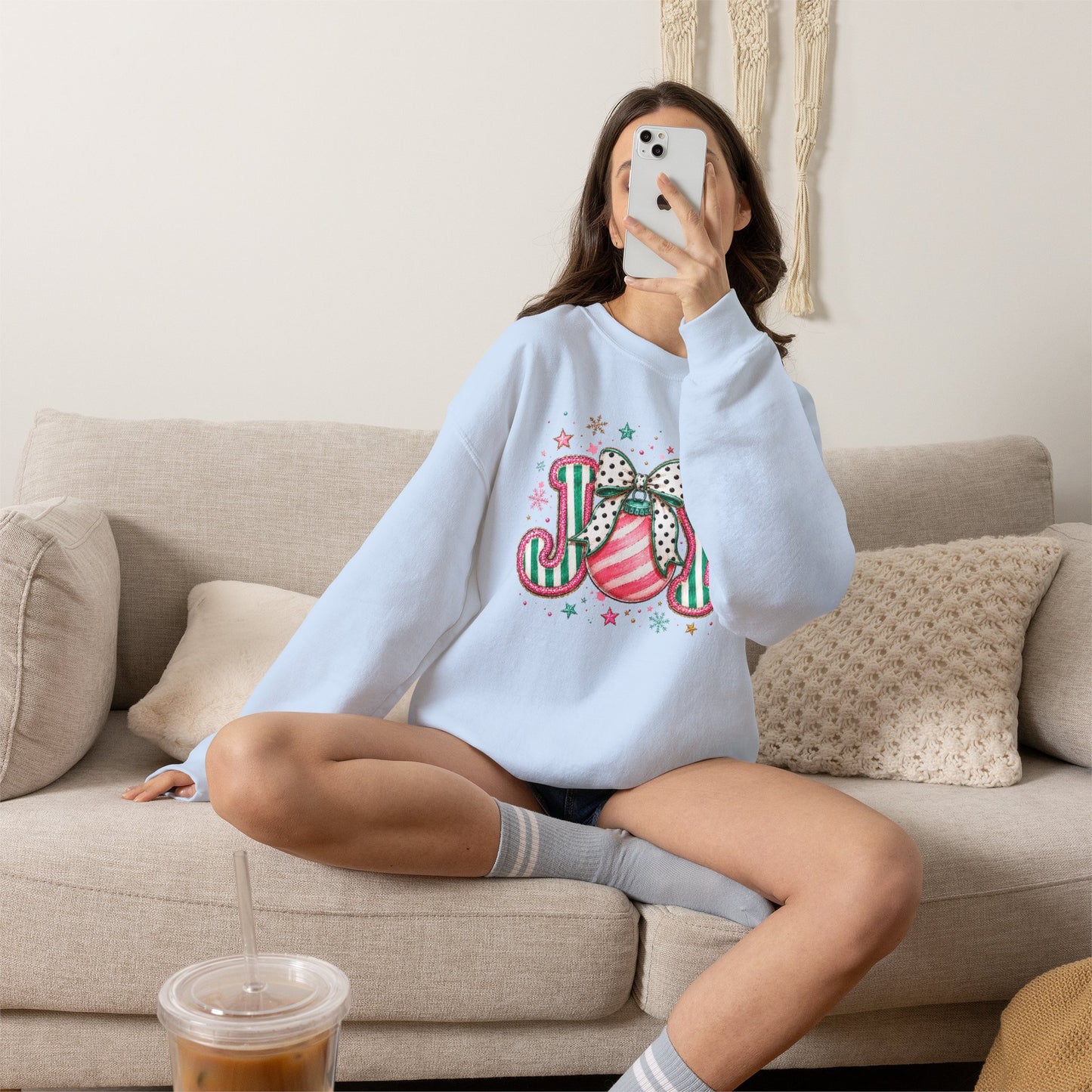 Joy Ornament Crewneck Sweatshirt – Pink & Green Holiday Joy Graphic