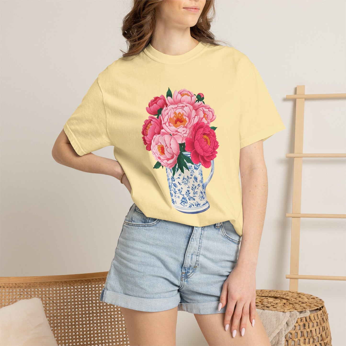 Peony Bouquet T-Shirt — Pink Peony in Vintage White & Blue Floral Vase