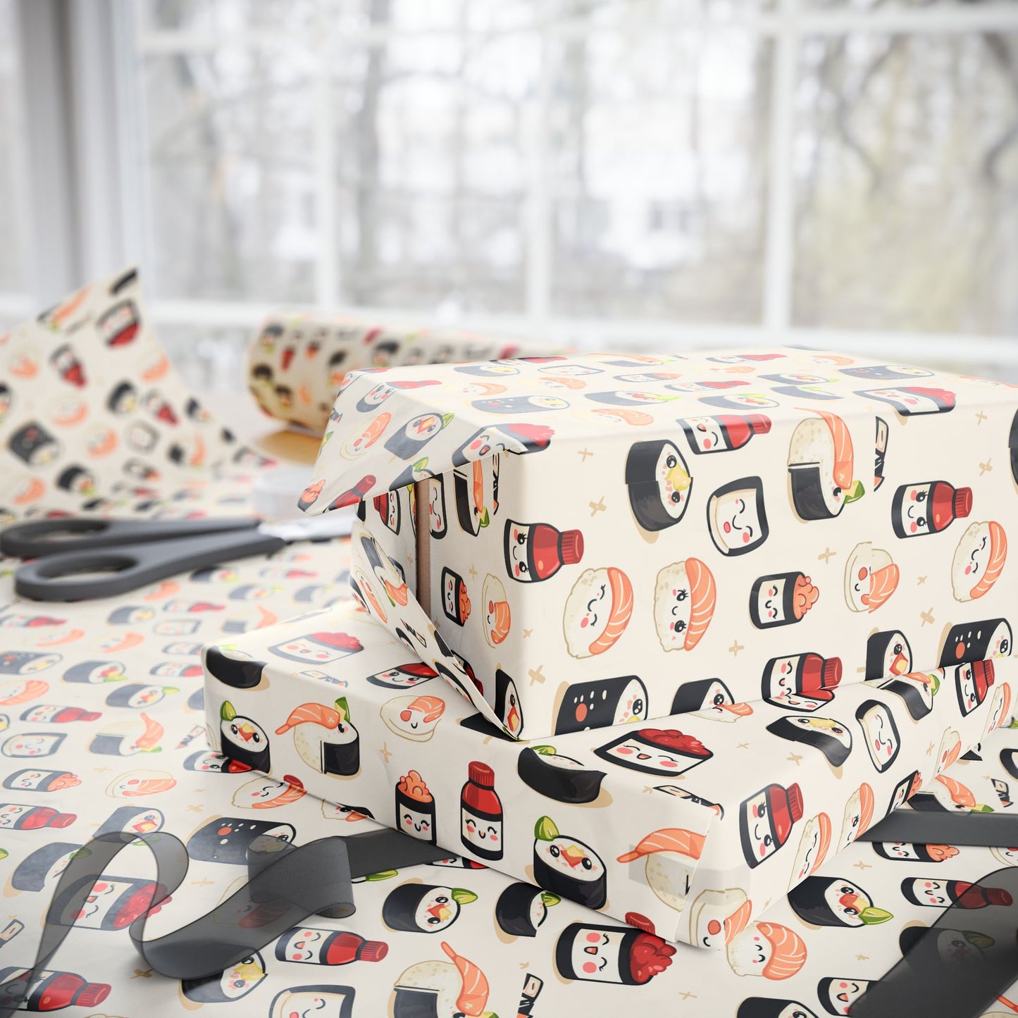 Kawaii Sushi Wrapping Paper | Cute Japanese Food Pattern | Happy Sushi Roll Gift Wrap | Fun Cozy Blanket for Food Lovers