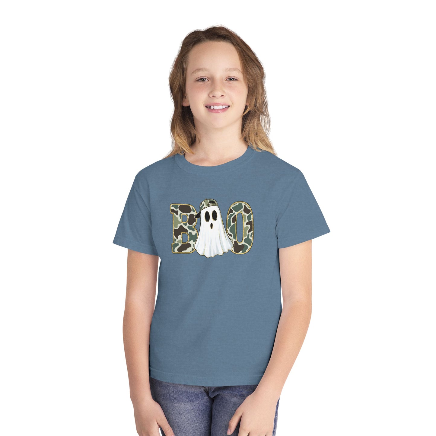 BOO Ghost Youth Tee — Camo Pattern Halloween Shirt for Kids