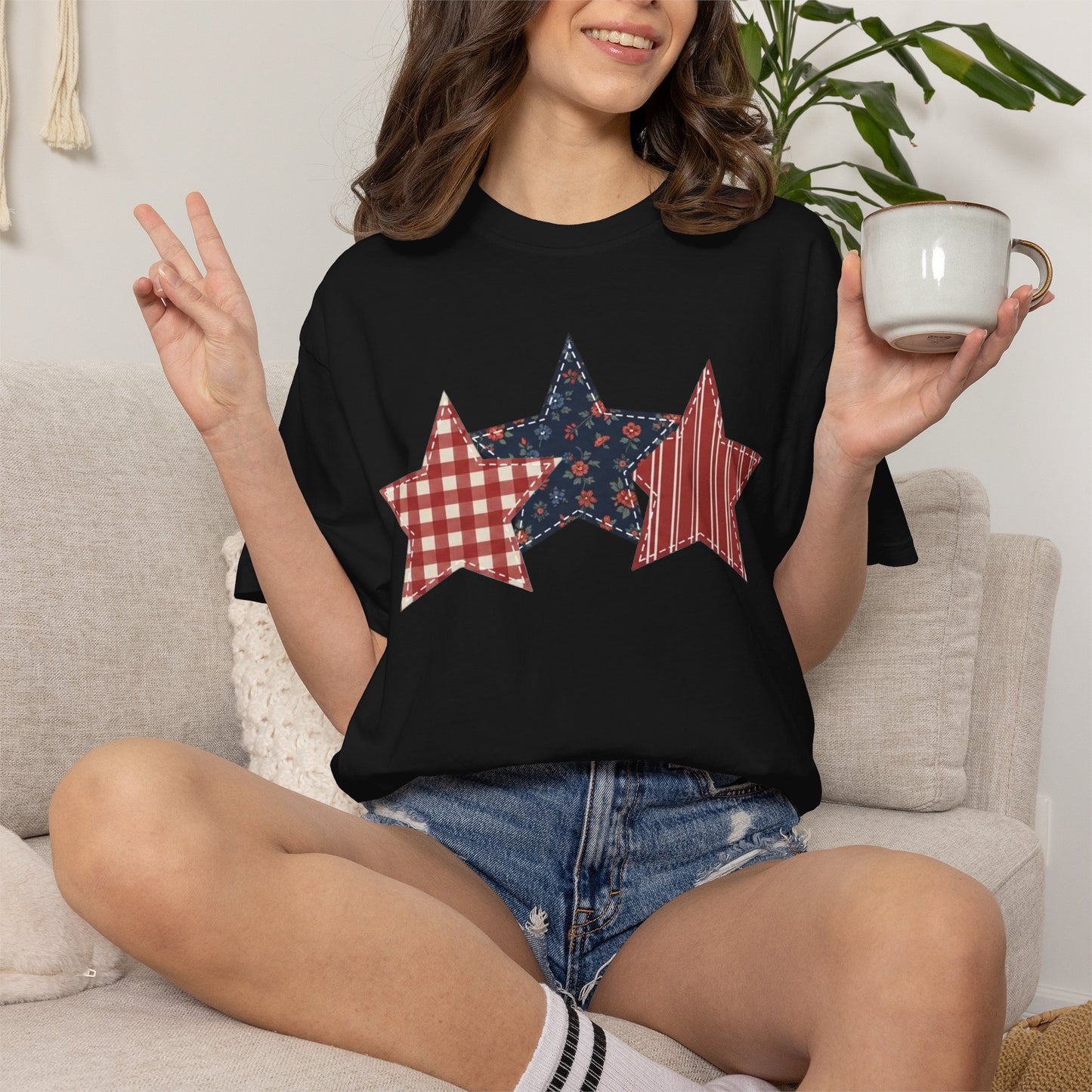 4th of July Patchwork Star T-Shirt for Summer nights • Floral Gingham Red White Blue USA Tee • Patriotic Outfit