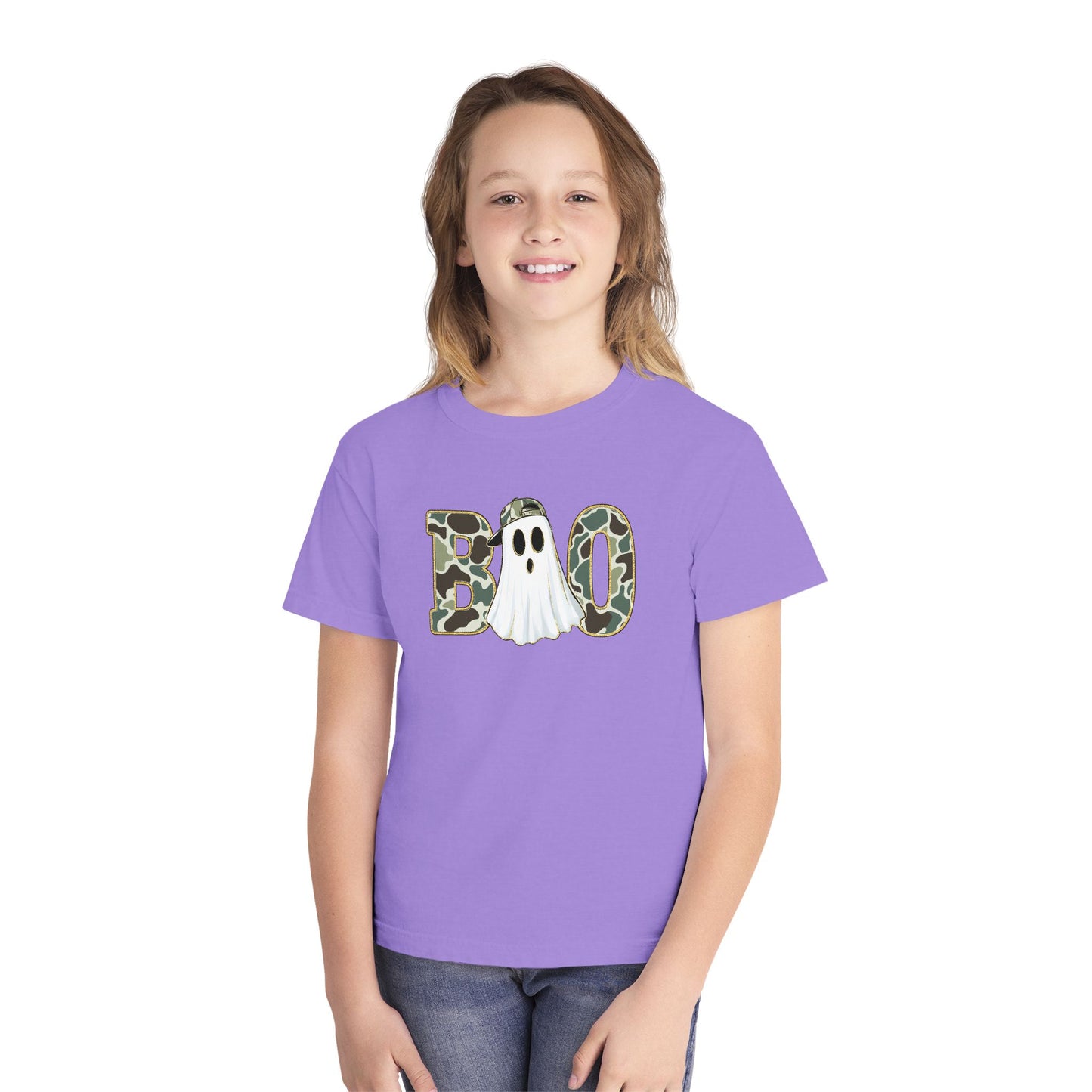 BOO Ghost Youth Tee — Camo Pattern Halloween Shirt for Kids