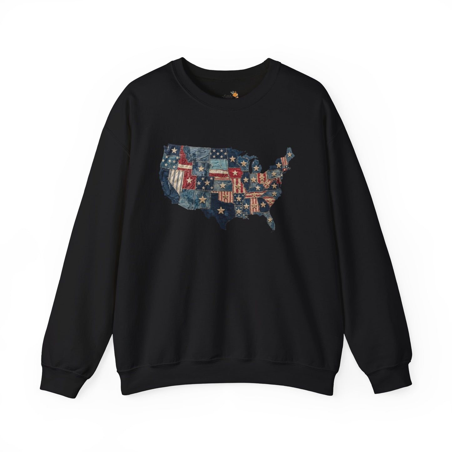 Patchwork American Flag Sweatshirt • USA Denim Map Crewneck • Patriotic Vintage Stars Graphic