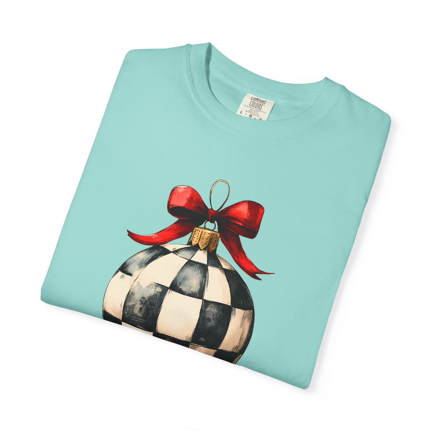 Checkerboard Ornament T-Shirt — Holiday Ball with Red Bow