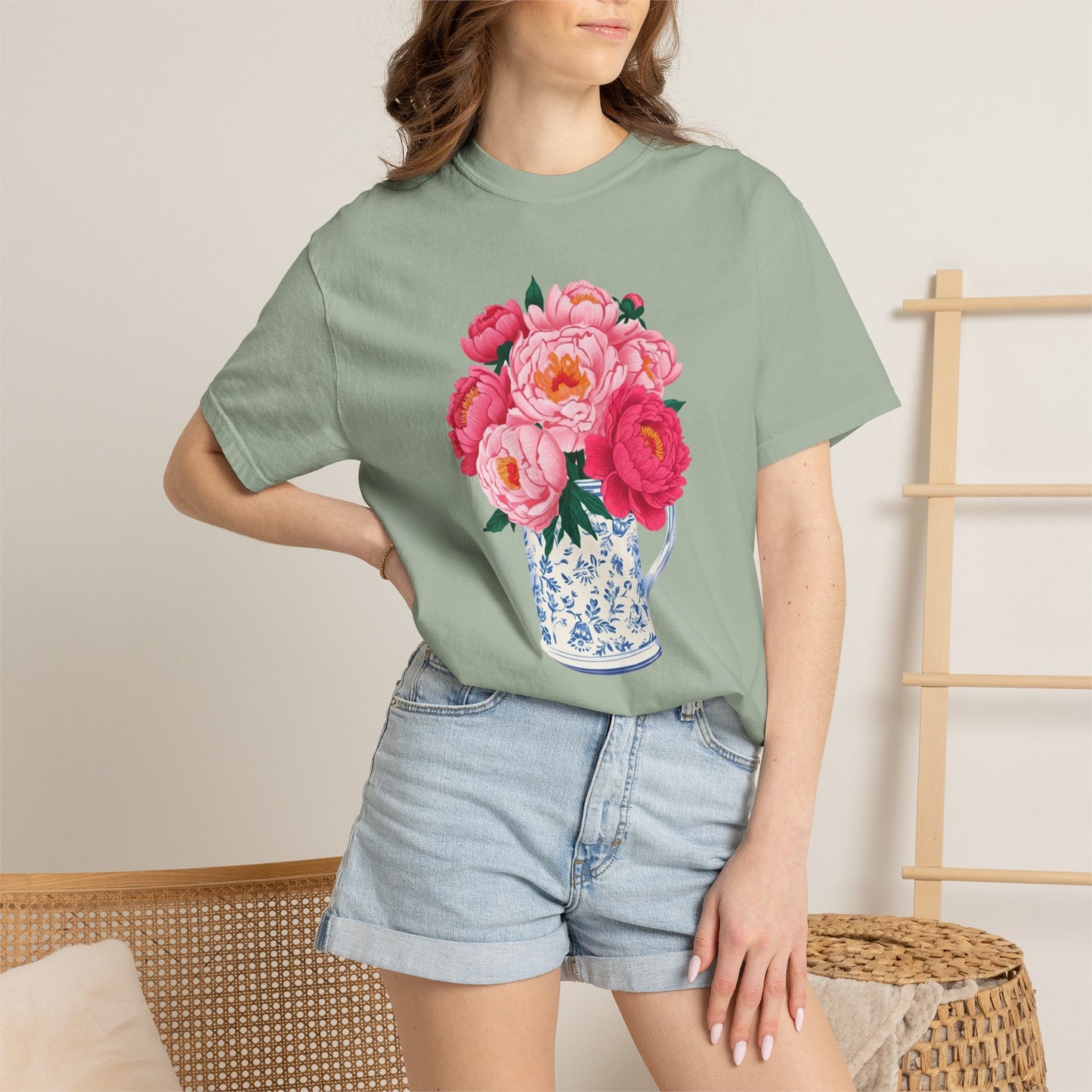 Peony Bouquet T-Shirt — Pink Peony in Vintage White & Blue Floral Vase